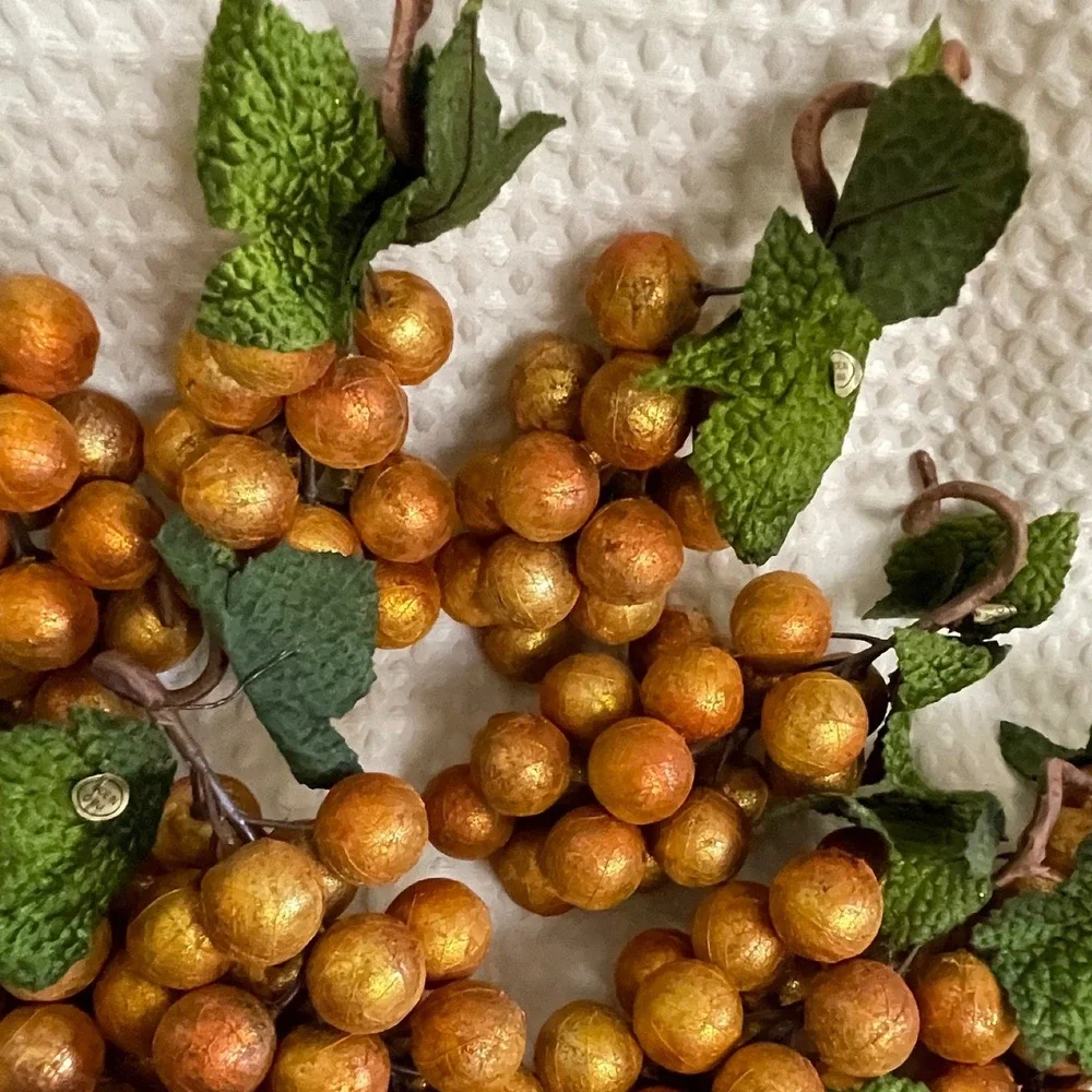 Decorative Artificial Grape Clusters Set of 12 Gold Orange Hard Plastic Textured